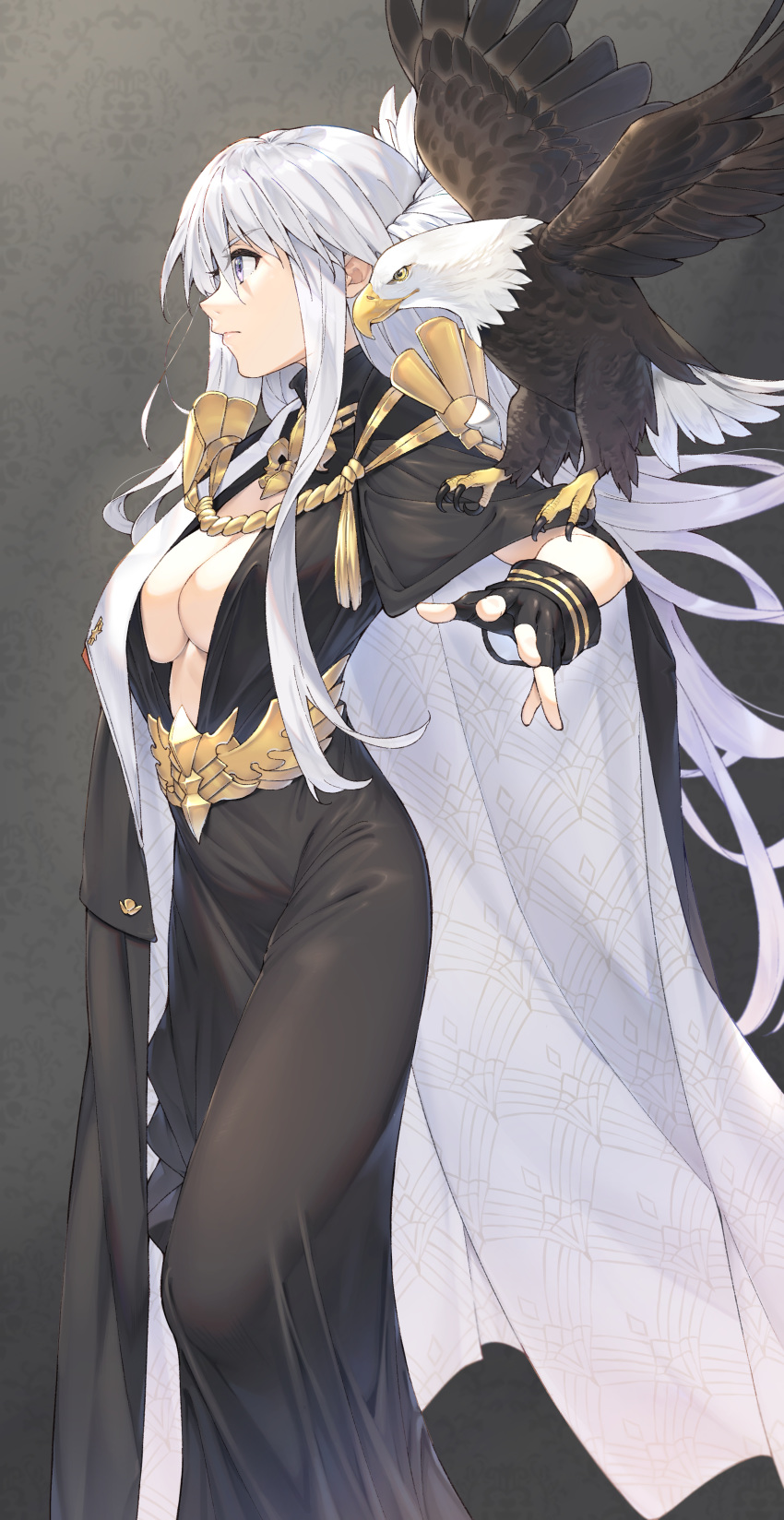 1girl absurdres aiguillette azur_lane bald_eagle bangs bird black_cape black_gloves breasts cape center_opening cleavage closed_mouth collarbone dress eagle enterprise_(azur_lane) enterprise_(heroic_finery)_(azur_lane) evening_gown feathers fingerless_gloves gloves gradient gradient_background grey_background hair_feathers highres joker_(tomakin524) large_breasts long_dress long_hair long_sleeves profile purple_eyes silver_hair