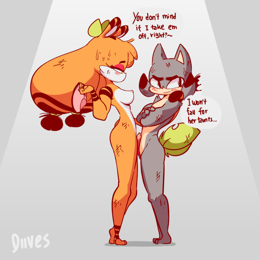 1:1 2020 anthro anthro_on_anthro barefoot biped black_ears black_eyebrows black_hair black_markings bodily_fluids breasts canid clothing crossed_arms d&ograve;u dialogue digital_media_(artwork) diives duo english_text erection eyebrows eyelashes felid female fur genitals grey_background grey_body grey_ears grey_fur grey_hair hair hi_res holding_clothing larger_anthro larger_female long_hair looking_at_another looking_away male male/female mammal markings multicolored_body multicolored_ears multicolored_fur multicolored_hair nipples nude orange_body orange_ears orange_fur orange_hair pantherine panties penis pink_nipples pink_penis side_boob side_view signature simple_background size_difference smaller_anthro smaller_male standing sweat tan_body tan_fur text tiger toes two_tone_body two_tone_ears two_tone_fur two_tone_hair underwear white_body white_fur xingzuo_temple zhēnzi