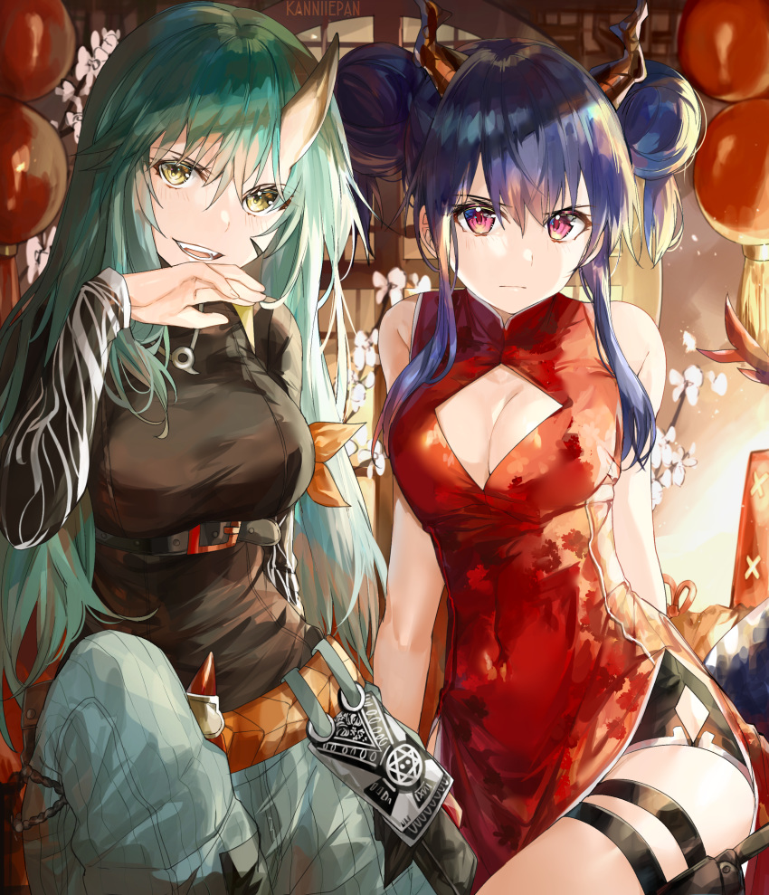 2girls absurdres alternate_costume arknights artist_name bangs bare_arms bare_shoulders belt black_shirt blue_hair blush breasts brown_eyes ch'en_(arknights) china_dress chinese_clothes cleavage cleavage_cutout closed_mouth commentary double_bun dragon_girl dragon_horns dress fangs finger_to_mouth green_hair hair_between_eyes highres holster horns hoshiguma_(arknights) kanniepan large_breasts long_hair long_sleeves looking_at_viewer multiple_girls oni_horn open_mouth orange_belt red_dress red_eyes shirt shorts sidelocks single_horn sitting sleeveless smile tail teeth thigh_strap upper_teeth
