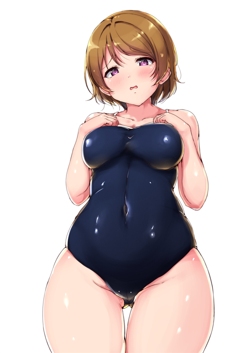 1girl ass_visible_through_thighs bangs bare_arms bare_shoulders blue_swimsuit blush breast_suppress breasts brown_hair cameltoe collarbone competition_school_swimsuit covered_navel cowboy_shot curvy embarrassed fingers furrowed_eyebrows hair_between_eyes hands_on_own_chest highres hip_focus koizumi_hanayo looking_at_viewer love_live! love_live!_school_idol_project medium_breasts messy_hair narrow_waist one-piece_swimsuit purple_eyes school_swimsuit shinonon_(iso_shino) short_hair simple_background skin_tight skindentation solo spaghetti_strap standing swept_bangs swimsuit taut_clothes taut_swimsuit thick_thighs thigh_gap thighs white_background wide_hips