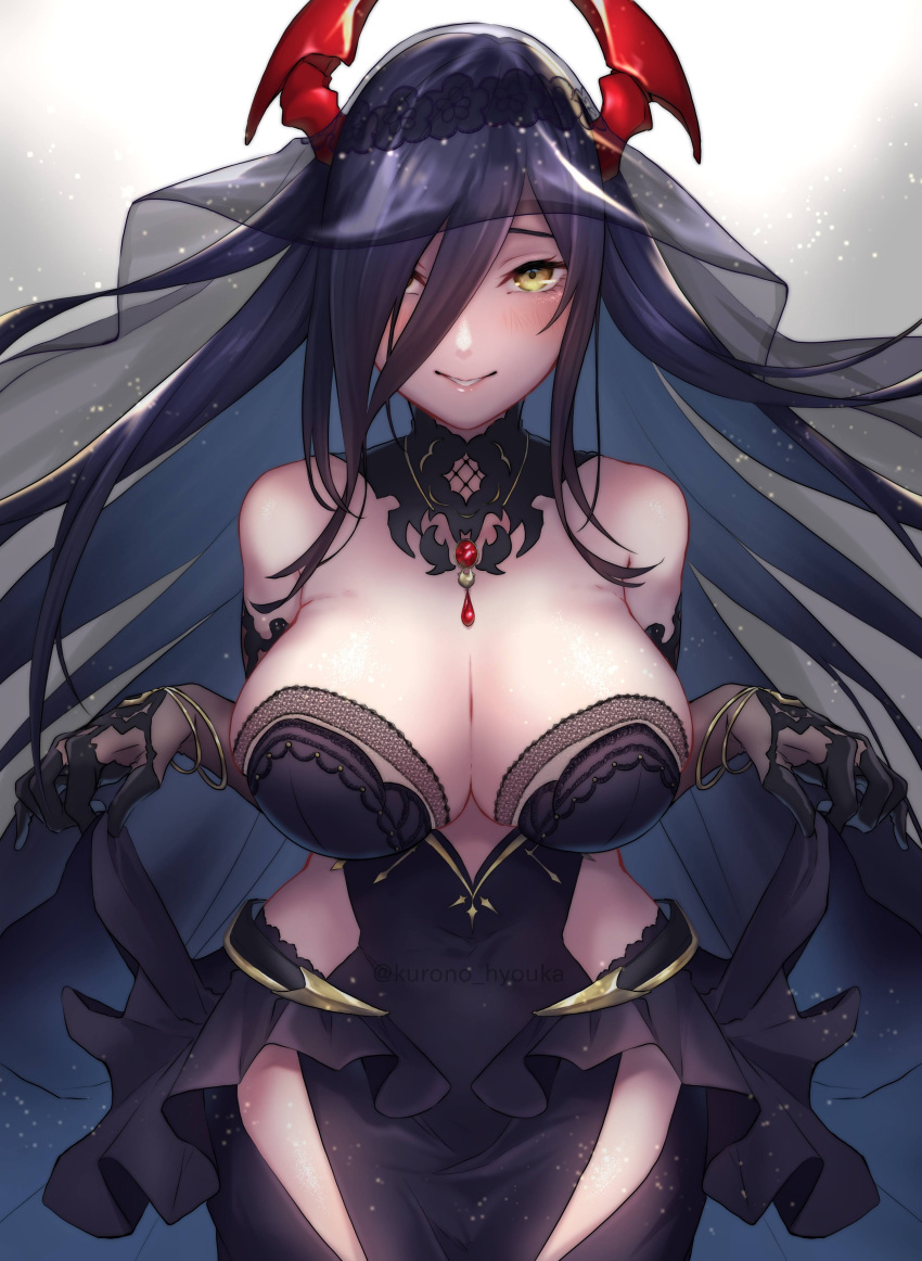 1girl absurdres azur_lane bangs bare_shoulders black_collar black_dress black_gloves black_hair black_veil black_wedding_dress blush bracelet breasts bridal_veil cleavage collar commentary_request covered_navel cowboy_shot detached_collar dress elbow_gloves eyebrows_behind_hair floating_hair friedrich_der_grosse_(azur_lane) friedrich_der_grosse_(zeremonie_of_the_cradle)_(azur_lane) gloves gradient gradient_background hair_between_eyes hair_over_one_eye highres holding holding_skirt horns jewelry kurono_hyouka large_breasts light_particles long_hair looking_at_viewer making-of_available mechanical_horns parted_lips red_horns side_cutout sidelocks simple_background smile solo standing strapless strapless_dress twitter_username veil very_long_hair wedding_dress white_background yellow_eyes