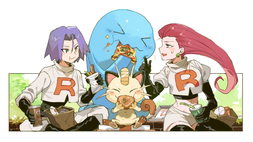 &gt;_&lt; 1boy 1girl blue_eyes blue_hair blush closed_eyes earrings eating elbow_gloves food gen_1_pokemon gen_2_pokemon gloves green_eyes hair_slicked_back holding_pizza jewelry kojirou_(pokemon) long_hair meowth musashi_(pokemon) newo_(shinra-p) open_mouth pizza pokemon pokemon_(anime) pokemon_(creature) purple_hair red_hair smile team_rocket team_rocket_uniform thighhighs wobbuffet