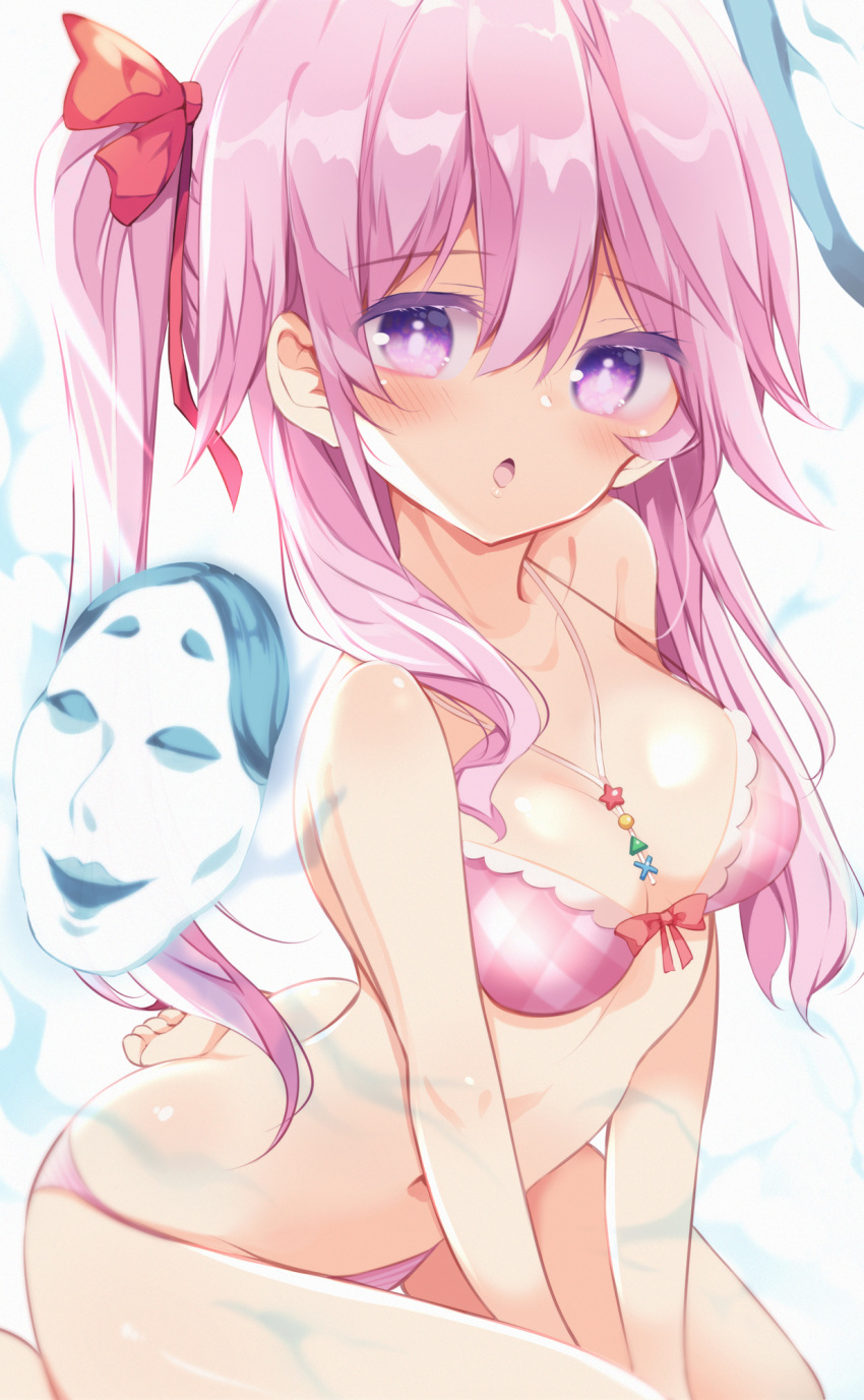 1girl bangs bare_arms bare_shoulders barefoot bikini blush breasts colored_eyelashes commentary_request eyebrows_visible_through_hair grey_background hair_between_eyes hair_ribbon hata_no_kokoro highres jewelry long_hair mask maturiuta_sorato medium_breasts necklace pink_bikini pink_hair purple_eyes red_ribbon ribbon seiza simple_background sitting solo stomach strap_gap swimsuit touhou