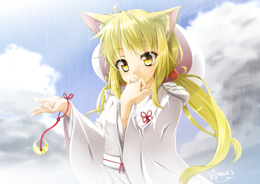 1girl ahoge animal_ear_fluff animal_ears blonde_hair cloud cloudy_sky commentary_request crescent crescent_moon_pin eyebrows_visible_through_hair fox_ears hair_between_eyes hand_to_own_mouth hoshi_nohara japanese_clothes kantai_collection kimono low_twintails outstretched_arm rain satsuki_(kantai_collection) sky solo twintails uchikake yellow_eyes