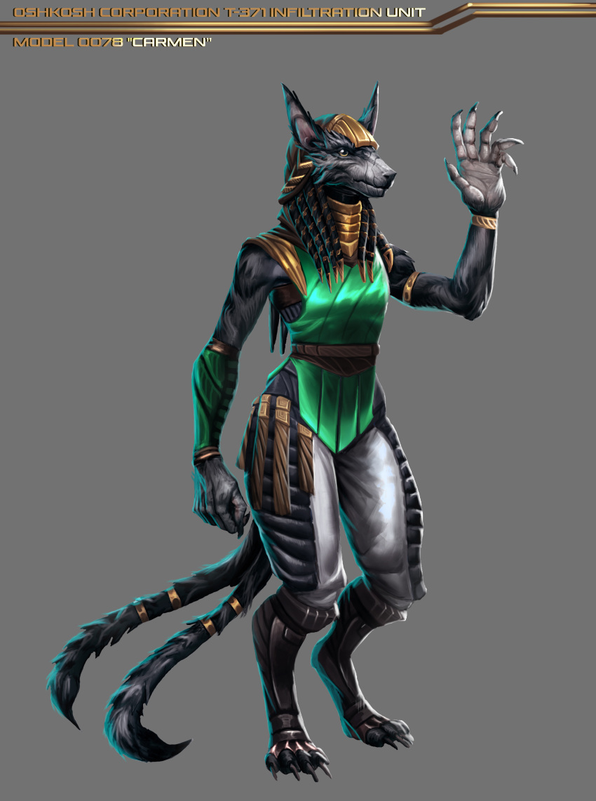 2_tails 6_fingers absurd_res alien ambiguous_gender anthro armband armor athavan bottomwear canid canine canis carmen_ghia clothing fingers fur grey_background head_tails headgear helmet hi_res mammal multi_tail neck_rings out_of_the_dark pants shongairi simple_background sleeveless_shirt solo standing tailband wolf