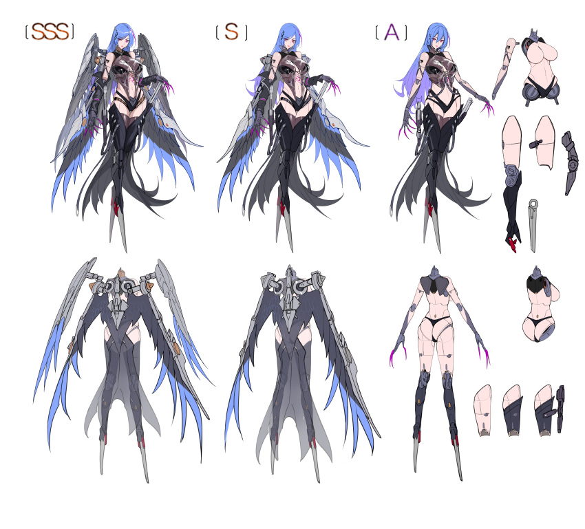 1girl absurdres bare_shoulders blue_hair blue_wings breasts claws detached_sleeves highleg highres large_breasts long_hair mecha_musume multiple_wings navel punishing:_gray_raven see-through sheath sheathed simple_background sketch skindentation solo tattoo tsuki_no_i-min wings