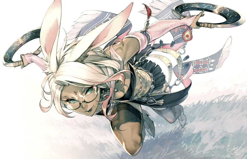 1girl animal_ear_fluff animal_ears aqua_eyes bare_shoulders black-framed_eyewear black_lips blonde_hair bridal_gauntlets bunny_ears chakram closed_mouth dancer_(final_fantasy) dark_skin dated final_fantasy final_fantasy_xiv fingernails gem glasses gloves high_heels highres holding holding_weapon kyo_(kuroichigo) long_hair mole mole_under_mouth multicolored multicolored_hair pink_gloves pink_hair pink_nails sharp_fingernails signature slit_pupils smile solo viera weapon