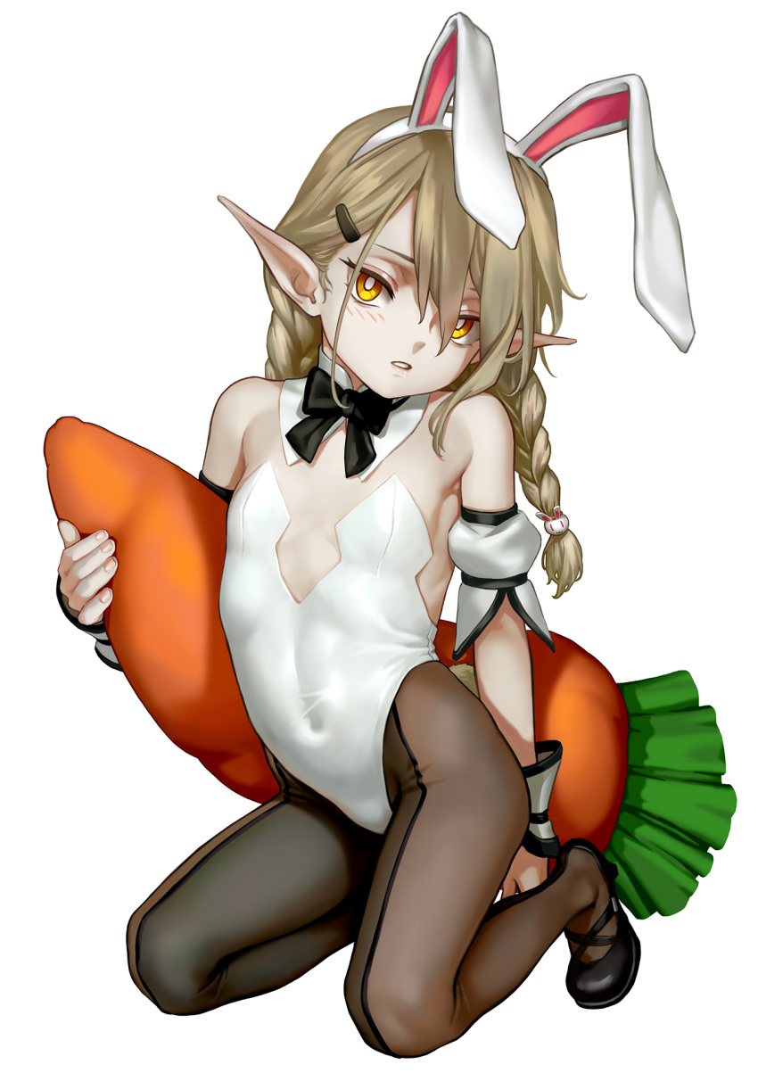 1girl animal_ears as109 bare_shoulders black_bow bow bowtie braid bright_pupils brown_hair brown_legwear bunny_ears bunny_tail bunnysuit carrot carrot_pillow covered_navel detached_collar detached_sleeves elf fake_animal_ears flat_chest front-seamed_legwear full_body hair_between_eyes hairband head_tilt highres kneeling leotard looking_at_viewer low_twintails original pale_skin pantyhose parted_lips pillow pointy_ears puffy_detached_sleeves puffy_sleeves revision seamed_legwear shui_lan_er sidelocks simple_background solo strapless strapless_leotard tail twin_braids twintails virtual_youtuber white_background white_leotard wrist_cuffs yellow_eyes