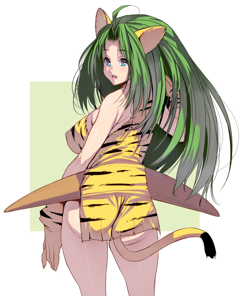 1girl ahoge alternate_breast_size animal_ears animal_print ass blue_eyes boomerang breasts cham_cham contrapposto covered_nipples dress from_behind gloves green_hair highres large_breasts long_hair masao microdress no_panties paw_gloves paws samurai_spirits side_slit solo standing tail tiger_ears tiger_girl tiger_paws tiger_print tiger_tail weapon weapon_on_back