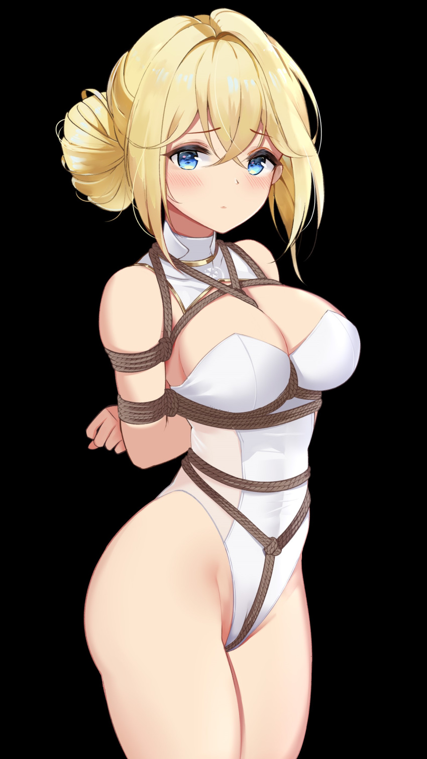 1girl absurdres alternate_costume azur_lane bare_shoulders bdsm black_background blonde_hair blue_eyes blush bondage bound breasts close-up closed_mouth commentary_request crotch_rope eyebrows_visible_through_hair formal hair_ornament highleg highleg_leotard highres jeanne_d'arc_(azur_lane) large_breasts leotard looking_at_viewer mimori_(etnp8853) restrained short_hair simple_background solo suit thighhighs thighs tied_up white_suit
