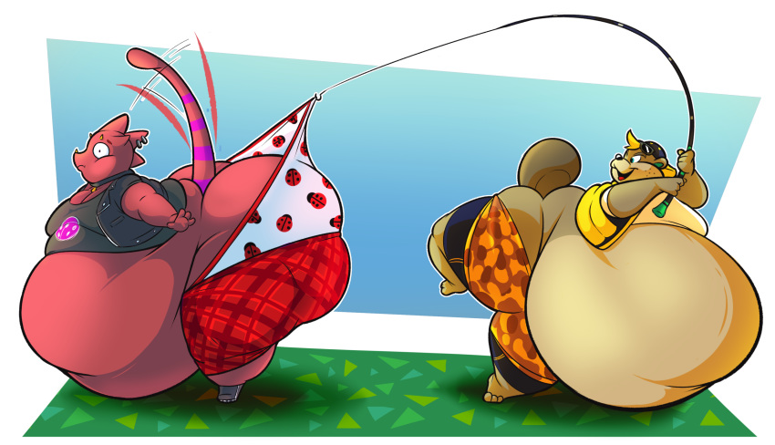 animal_crossing beaver belly big_belly big_butt bodily_fluids boxers_(clothing) butt c.j._(animal_crossing) chameleon clothing duo ear_piercing ear_ring fishing_rod flick_(animal_crossing) hi_res hoodah huge_butt hyper hyper_belly hyper_butt lizard male mammal moobs morbidly_obese morbidly_obese_male nintendo obese obese_male overweight overweight_male piercing reptile rodent scalie sweat sweatdrop tailwag thick_thighs underwear video_games