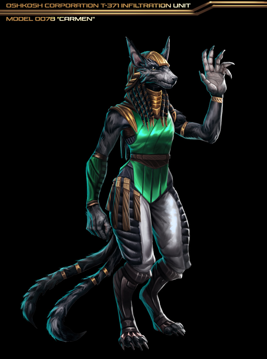 2_tails 6_fingers absurd_res alien ambiguous_gender anthro armband armor athavan black_background bottomwear canid canine canis carmen_ghia clothing english_text fingers fur head_tails headgear helmet hi_res mammal multi_tail neck_rings out_of_the_dark pants shongairi simple_background sleeveless_shirt solo standing tailband text wolf