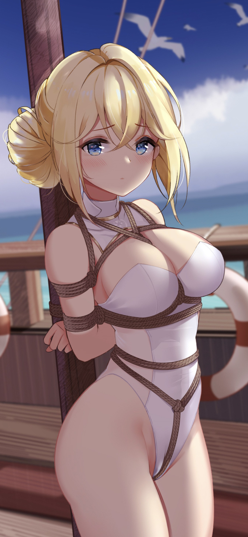 1girl absurdres alternate_costume azur_lane bare_shoulders bdsm bird blonde_hair blue_eyes blush boat bondage bound breasts close-up closed_mouth cloud commentary_request crotch_rope day eyebrows_visible_through_hair formal hair_ornament highleg highleg_leotard highres jeanne_d'arc_(azur_lane) large_breasts leotard lifebuoy looking_at_viewer mimori_(etnp8853) ocean outdoors restrained seagull ship short_hair sky solo suit thighhighs thighs tied_to_mast tied_up watercraft white_suit