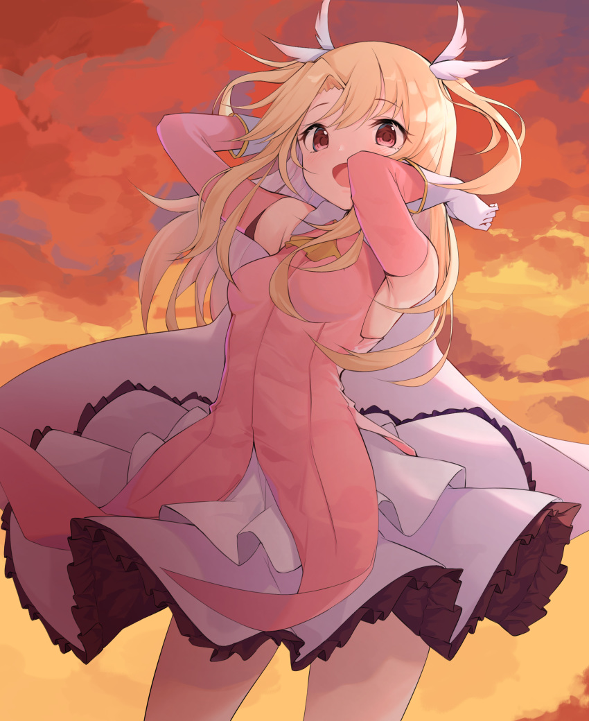 1girl absurdres arms_up blonde_hair breasts cloud cloudy_sky detached_sleeves dress fate/kaleid_liner_prisma_illya fate_(series) floating_hair gloves highres illyasviel_von_einzbern long_hair looking_at_viewer open_mouth orange_sky outdoors pink_dress prisma_illya red_eyes sky small_breasts smile solo standing white_gloves yellow_neckwear z_loader