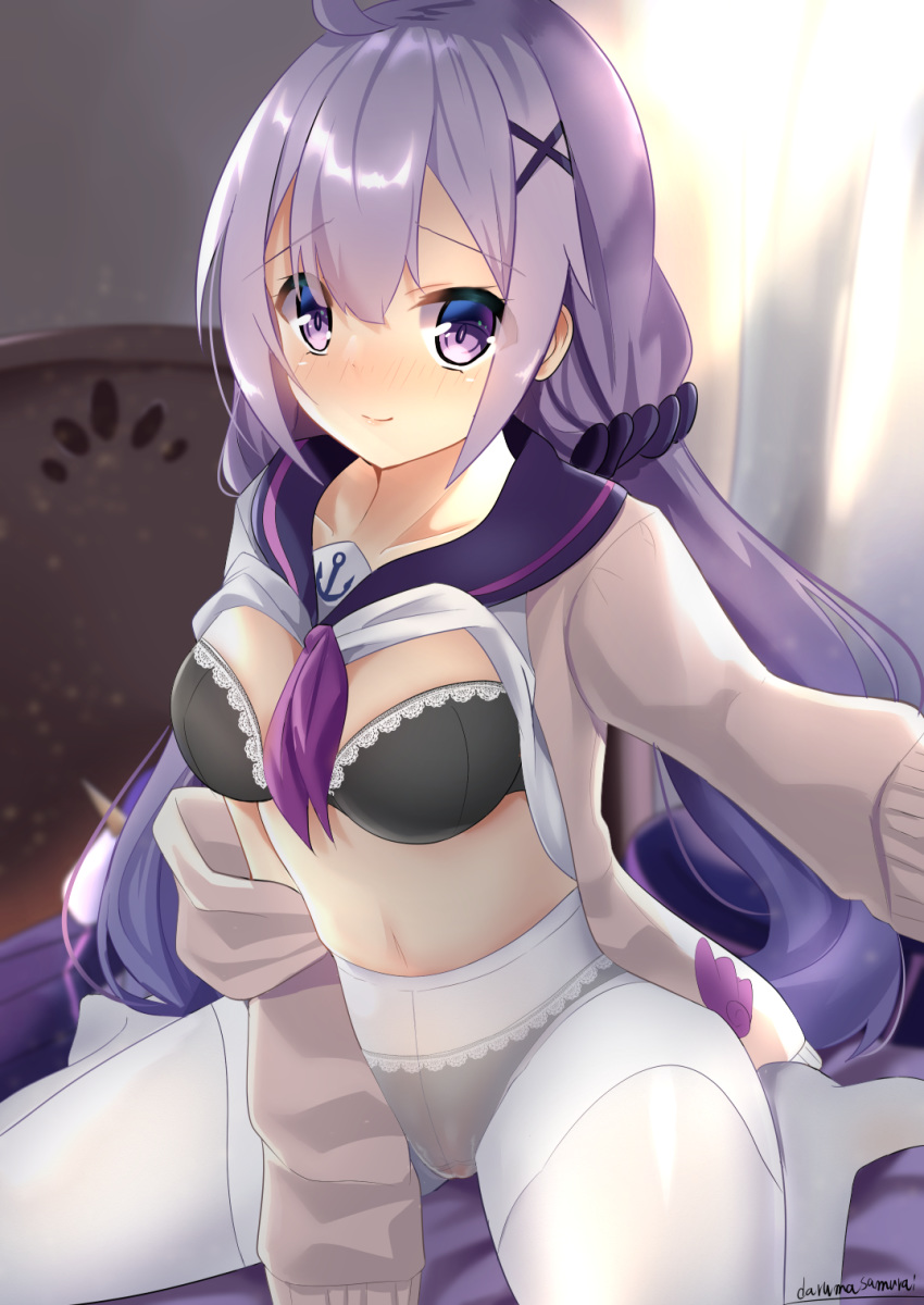 1girl ahoge anchor_symbol artist_name azur_lane bed black_bra black_panties blush bra breasts cardigan cleavage commentary curtains day eyebrows_visible_through_hair hair_between_eyes hair_ornament highres indoors lips long_hair looking_at_viewer medium_breasts midriff navel panties panties_under_pantyhose pantyhose purple_eyes purple_hair sailor_collar scrunchie self_shot shirt shirt_lift signature sitting smile solo stuffed_unicorn sunlight thighband_pantyhose twintails underwear unicorn_(amusement_park_date)_(azur_lane) unicorn_(azur_lane) wariza white_legwear white_shirt x_hair_ornament yukidaruma718