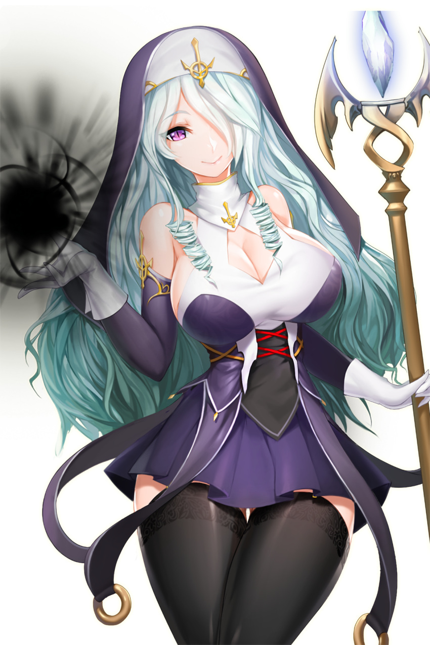 1girl alkyde_(soccer_spirits) aqua_hair bare_shoulders black_legwear breasts cleavage crystal dark_persona darkness elbow_gloves gloves habit hair_over_one_eye highres holding holding_staff large_breasts looking_at_viewer magic nun official_art pink_hair purple_gloves slit_pupils snowball22 soccer_spirits staff white_gloves