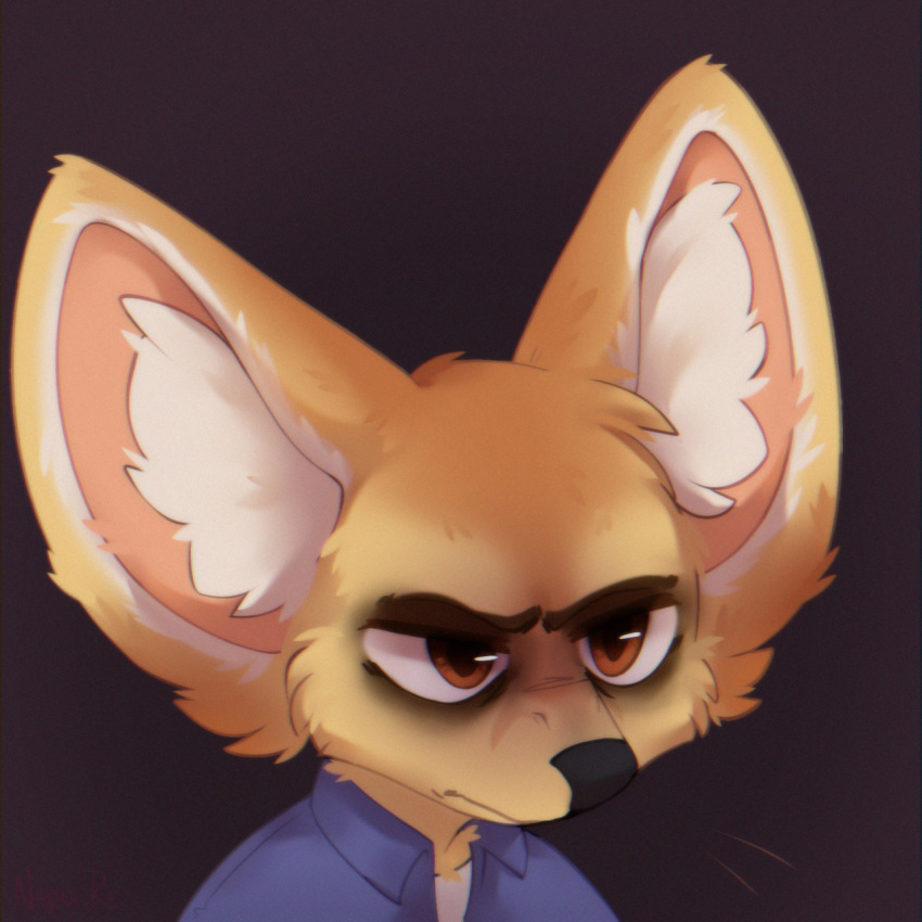 1:1 2020 anthro big_ears black_nose brown_eyes canid canine cheek_tuft clothed clothing disney facial_tuft fennec finnick fox fur head_tuft hi_res inner_ear_fluff mammal pervenche simple_background solo tuft yellow_body yellow_fur zootopia