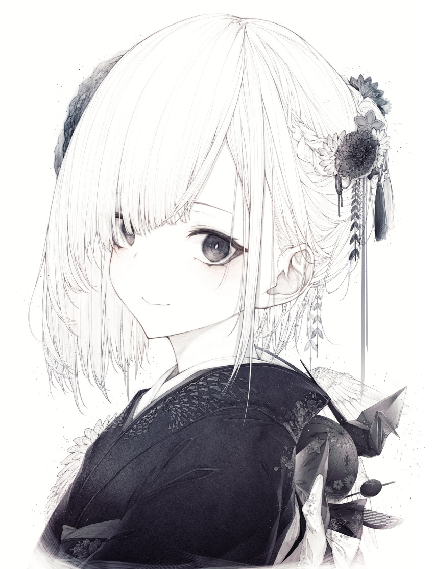 1girl absurdres asymmetrical_hair ball bangs black_flower black_kimono braid chrysanthemum closed_mouth feathered_wings flower hair_flower hair_ornament half_updo highres hito_komoru huge_filesize japanese_clothes kimono looking_at_viewer mini_wings monochrome obi origami original paper_crane plant sash short_hair side_braid simple_background smile solo swept_bangs tassel temari_ball toy upper_body vines white_background white_hair white_wings wings