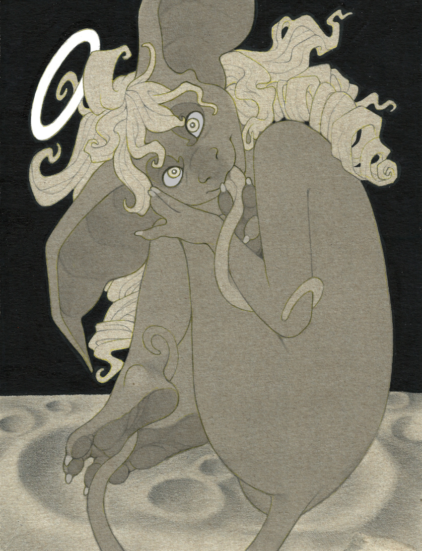 3_toes 4_fingers anthro asar curled_up female fetal_position fingers fuchs hair halo hi_res long_hair long_tongue looking_at_viewer monochrome moon nude soles solo toes tongue tongue_out traditional_media_(artwork)