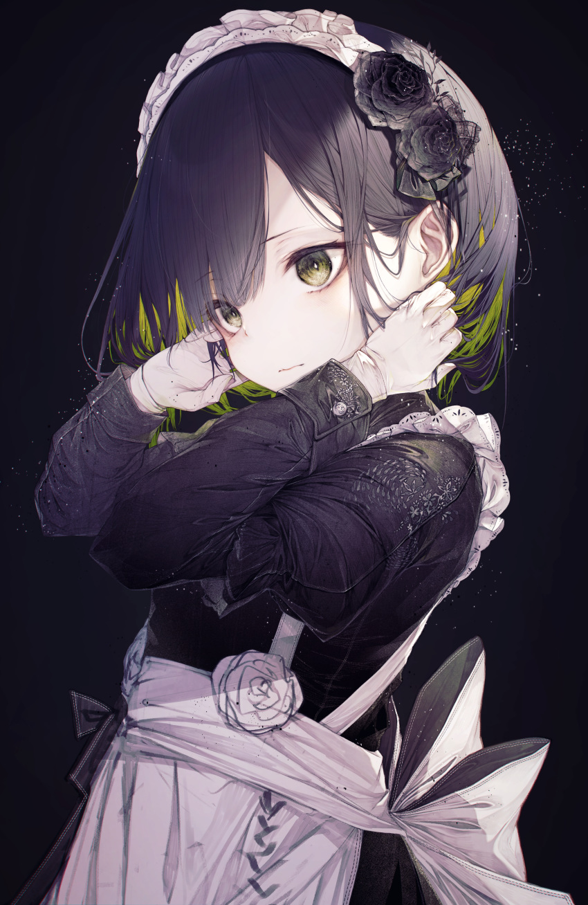 1girl absurdres apron back_bow bangs black_background black_dress black_flower black_hair black_rose bow closed_mouth dress embroidery flower frills gloves green_eyes green_hair hair_behind_ear hair_flower hair_ornament hand_in_hair highres hito_komoru lace-trimmed_apron long_sleeves looking_away maid_headdress multicolored_hair original puffy_short_sleeves puffy_sleeves rose short_hair short_over_long_sleeves short_sleeves simple_background sketch solo two-tone_hair upper_body white_apron white_bow white_gloves