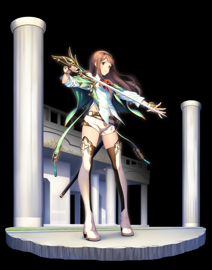 1girl absurdres arm_guards bare_shoulders belt black_background black_legwear blush breasts brown_eyes cape closed_mouth cravat full_body gem grass green_cape hairband highres holding holding_sword holding_weapon idolmaster idolmaster_million_live! legs_apart long_hair long_sleeves looking_at_viewer nanaran o-ring off_shoulder pillar red_neckwear scabbard sheath shirt shorts simple_background small_breasts smile solo standing sword tanaka_kotoha thighhighs_under_boots unsheathed weapon white_footwear white_shirt white_shorts
