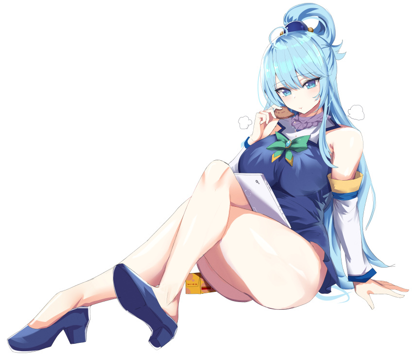 1girl absurdres aqua_(konosuba) aqua_eyes aqua_hair bangs bare_legs bare_shoulders blue_footwear blue_shirt blue_skirt bow bowtie box breasts commentary crossed_legs detached_sleeves eating eyebrows_visible_through_hair food hair_ornament hair_rings hanasaki_houcha high_heels highres holding holding_cookie holding_food kono_subarashii_sekai_ni_shukufuku_wo! large_breasts long_hair long_sleeves miniskirt pleated_skirt reading shirt simple_background sitting skirt solo tablet_pc thick_thighs thighs white_background