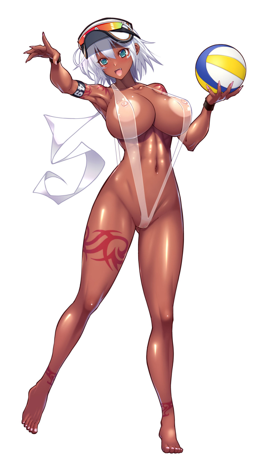 1girl :d aqua_eyes areolae armband armpits ass_visible_through_thighs barefoot blush breasts cleavage dark_skin eyewear_on_head fang full_body highres large_areolae light_areolae navel nipples open_mouth original rakko_(r2) see-through shiny shiny_skin short_hair simple_background slingshot_swimsuit smile solo standing suketto_sanjou! swimsuit tattoo visor_cap volleyball wendy_crawford white_background white_hair wristband