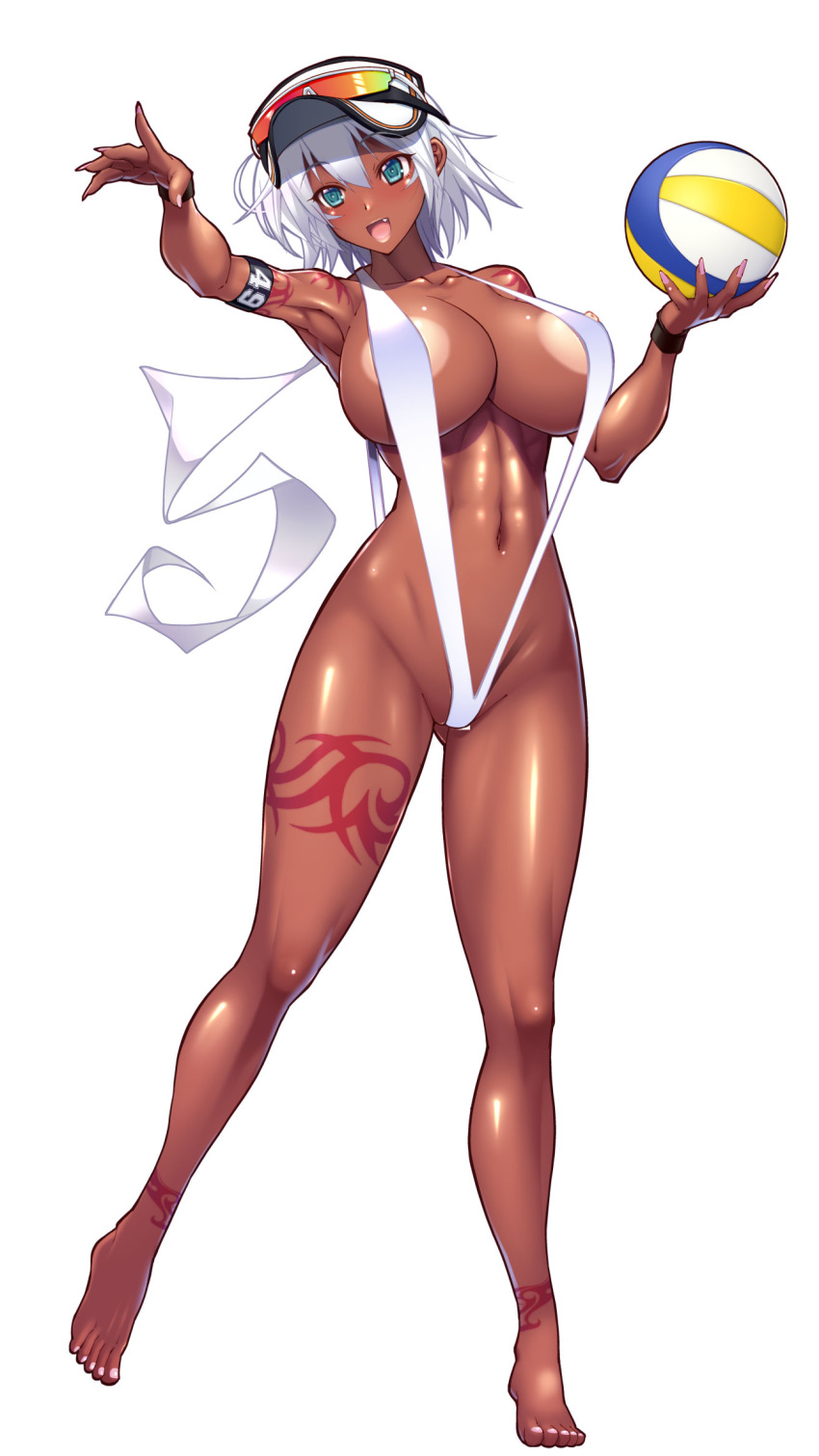 1girl :d aqua_eyes areolae armpits ass_visible_through_thighs barefoot blush breasts cleavage dark_skin eyewear_on_head fang full_body highres large_areolae light_areolae navel nipples open_mouth original rakko_(r2) shiny shiny_skin short_hair simple_background slingshot_swimsuit smile solo standing suketto_sanjou! swimsuit tattoo visor_cap volleyball wendy_crawford white_background white_hair wristband
