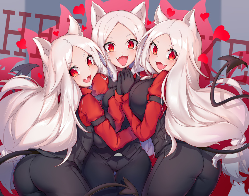 animal_ears ass blush breast_hold breasts cat_smile cerberus_(helltaker) demon doggirl fang gloves helltaker long_hair red_eyes suit tail tie white_hair zeroblood