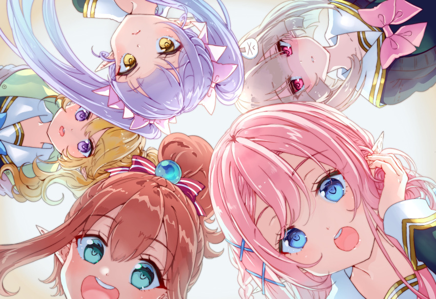 5girls :&lt; :d :o aqua_eyes bangs blonde_hair blue_bow blue_eyes blue_hair blunt_bangs blush bow bowtie braid brown_hair cardigan cat_hair_ornament character_request closed_mouth collarbone elf elf_gakuen_no_love_come_wa_sotsugyou_dekinai eyebrows_visible_through_hair face from_below hair_between_eyes hair_bow hair_ornament hair_tucking highres lips long_hair long_sleeves looking_at_viewer looking_down multiple_girls novel_illustration official_art open_cardigan open_clothes open_mouth parted_lips pink_hair pisuke pointy_ears ponytail purple_eyes red_eyes round_teeth school_uniform shaded_face side_ponytail sidelocks smile teeth textless twintails upper_teeth wavy_hair x_hair_ornament yellow_eyes