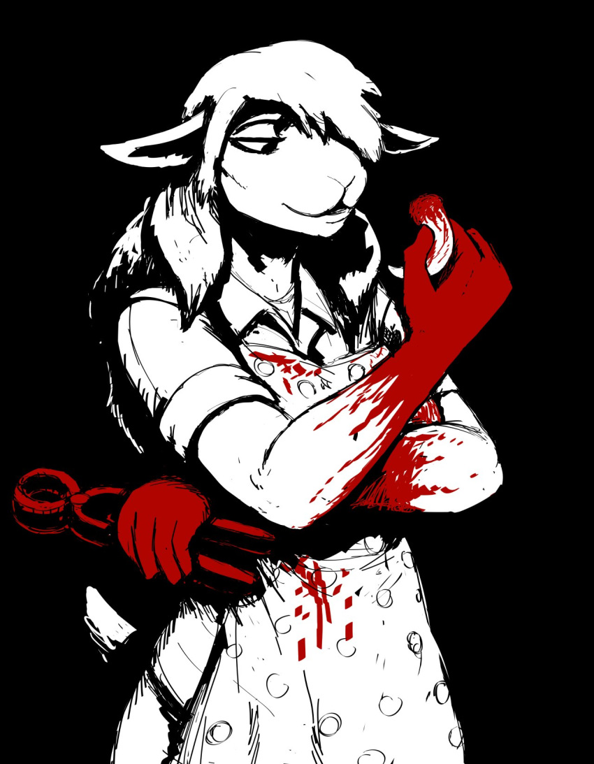 anthro apron black_background blood bodily_fluids boss_lamb_(hladilnik) bovid caprine clothing domestic_sheep female hi_res hladilnik mammal pliers sheep simple_background solo teeth tools torture