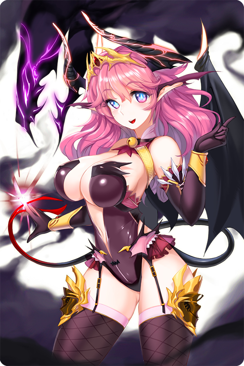 1girl bare_shoulders bell black_gloves black_legwear blush breasts cleavage demon_girl demon_tail demon_wings elbow_gloves garter_straps gloves highleg highleg_leotard highres horns jingle_bell large_breasts leotard lilith_(soccer_spirits) long_hair looking_at_viewer panties pink_hair pink_panties pointy_ears smile snowball22 soccer_spirits solo tail thighhighs underwear wings