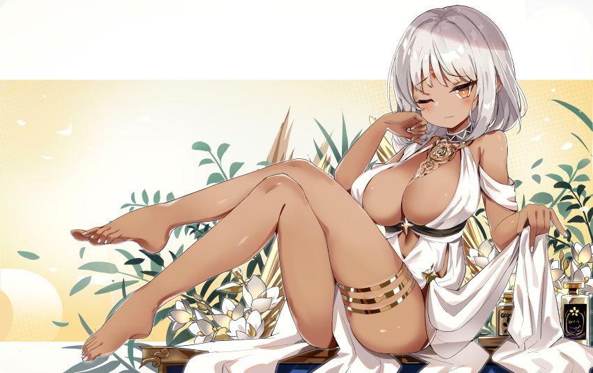 14c 1girl absurdres azur_lane bang barefoot body_markings bottle breasts center_opening cocktail_dress dark_skin dress evening_gown facial_mark finger_gun forehead_mark full_body halter_dress highres large_breasts long_dress long_hair massachusetts_(azur_lane) massachusetts_(dressed_to_impress)_(azur_lane) native_american one_eye_closed perfume_bottle sitting sleeveless sleeveless_dress solo tan thighlet toes white_dress white_hair white_nails