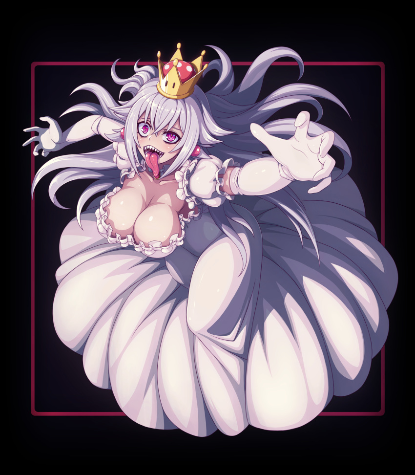 1girl :d breasts bright_pupils cleavage crown detached_sleeves dress earrings elbow_gloves full_body gloves highres jewelry large_breasts long_hair long_tongue luigi's_mansion mario_(series) new_super_mario_bros._u_deluxe open_mouth poifuru princess_king_boo puffy_short_sleeves puffy_sleeves purple_eyes sharp_teeth short_sleeves silver_hair smile solo super_crown teeth tongue uneven_eyes uvula very_long_hair white_dress white_gloves white_pupils
