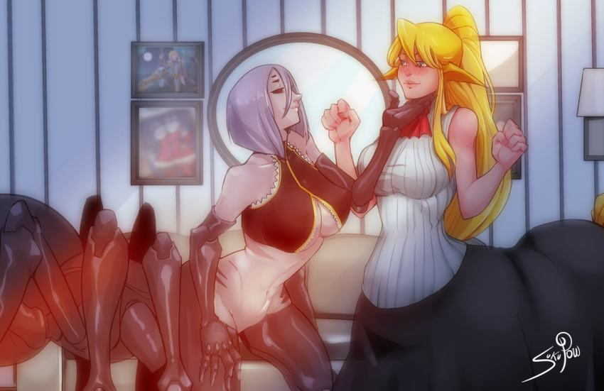 2girls animal_ears arachne black_sclera blonde_hair bob_cut breasts carapace centaur centauroid centorea_shianus chin_grab clenched_hands cravat criss-cross_halter crop_top extra_eyes halterneck horse_ears indoors insect_girl large_breasts lavender_hair light_smile long_hair long_pointy_ears monster_girl monster_musume_no_iru_nichijou multiple_girls multiple_legs navel nose pink_lips pointy_ears ponytail rachnera_arachnera red_eyes shirt sleeveless sleeveless_shirt spider_girl tail underboob yuri zukupow