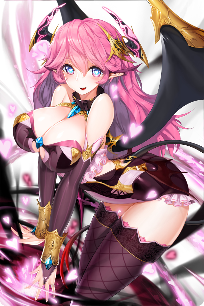 1girl black_dress black_gloves black_legwear blue_eyes blush breasts bridal_gauntlets collar demon_girl demon_tail demon_wings dress elbow_gloves gloves gradient_eyes heart heart-shaped_pupils highres horns large_breasts lilith_(soccer_spirits) long_hair multicolored multicolored_eyes open_mouth purple_hair smile snowball22 soccer_spirits solo symbol-shaped_pupils tail thighhighs thighs wings