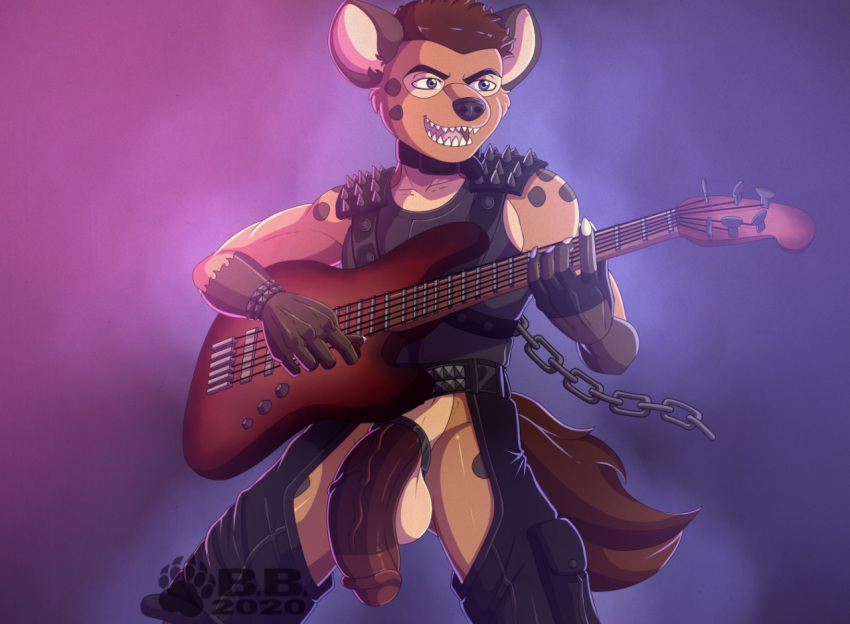 alpha_channel anthro balls belt blackbear bottomwear casual_exposure casual_nudity circumcised circumcision_scar clothed clothing crotchless_bottomwear crotchless_clothing crotchless_pants electric_guitar genital_scar genitals guitar half-erect humanoid_genitalia humanoid_penis hyaenid male mammal musical_instrument pants partially_clothed penis plucked_string_instrument punk scar shirt solo spotted_hyena string_instrument topwear tyler_(blackbear)