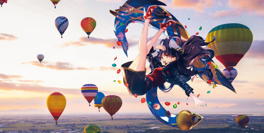 1girl aircraft alternate_costume amber_(gemstone) ankle_strap bangs black_hair bow_(weapon) breasts casual cloud cloudy_sky contemporary crown emerald_(gemstone) fate/grand_order fate_(series) floating floating_object full_body gem gradient_hair heavenly_boat_maanna high_heels highres hot_air_balloon ishtar_(fate)_(all) ishtar_(fate/grand_order) jewelry legs_up light long_hair looking_at_viewer multicolored_hair nail_polish official_art open_mouth outdoors parted_bangs red_eyes red_shirt ruby_(gemstone) shiny shiny_hair shirt shoes skirt sky solo weapon