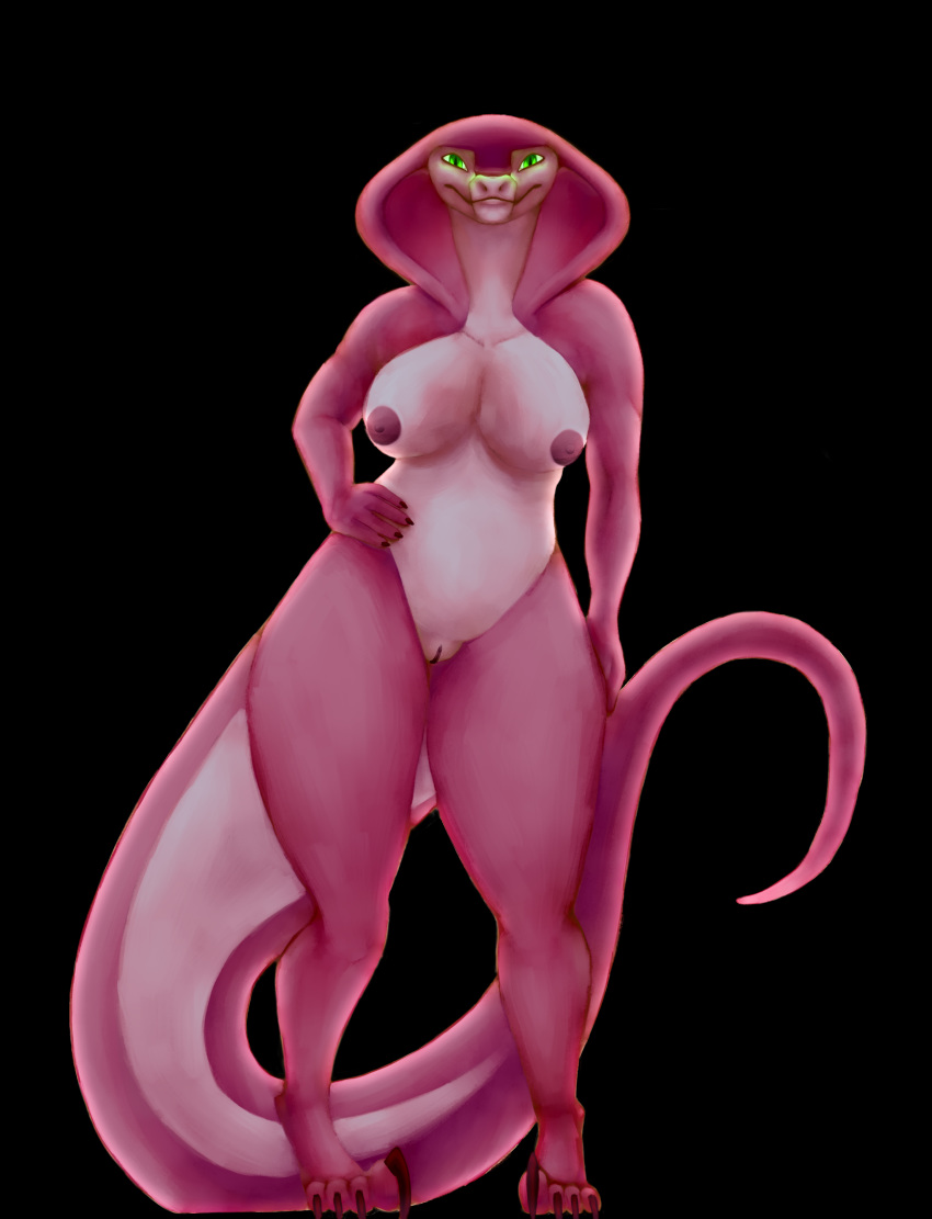 absurd_res anthro big_breasts breasts claws cobra curvy_figure digital_media_(artwork) elapid_(snake) female genitals hi_res king_cobra looking_at_viewer nipples non-mammal_breasts nude ppmp pussy reptile scalie serpentine simple_background smile snake snake_hood solo thick_thighs wide_hips
