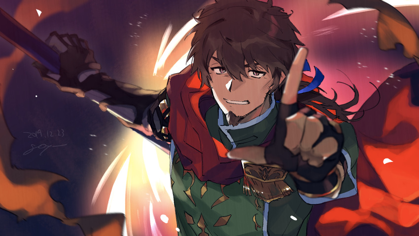 1boy aiming_at_viewer bangs blurry blurry_background bracer brown_eyes brown_hair cape collar facial_hair fate/grand_order fate_(series) fighting_stance fingerless_gloves gloves glowing goatee goya_(xalbino) hair_between_eyes hair_ribbon hector_(fate/grand_order) highres holding holding_weapon jewelry light looking_at_viewer male_focus medium_hair polearm ponytail red_cape ribbon signature solo teeth weapon