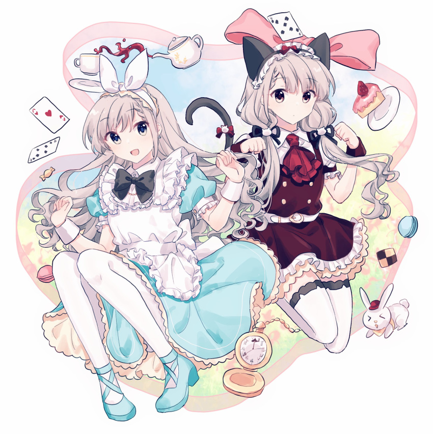 2girls :d alice_(wonderland) alice_(wonderland)_(cosplay) animal_ears apron ascot bangs belt black_bow black_neckwear black_ribbon blue_dress blue_eyes blue_footwear boots bow bowtie braid braided_bangs brown_eyes cake card collar cosplay cup dress fake_animal_ears food frilled_apron frilled_dress frills gocoli grey_hair hair_bow hair_ribbon hair_tie headband highres hisakawa_hayate hisakawa_nagi idolmaster idolmaster_cinderella_girls idolmaster_cinderella_girls_starlight_stage long_hair looking_at_viewer low_twintails multiple_girls open_mouth playing_card red_dress red_neckwear ribbon siblings sisters smile tareme teacup teapot thighhighs twins twintails white_belt white_bow white_legwear wrist_cuffs