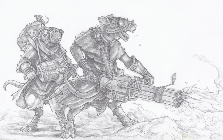 anthro buckteeth claws clothed clothing crestfallenartist duo ear_piercing ear_ring eyewear fully_clothed gas_mask goggles graphite_(artwork) greyscale gun holding_object holding_weapon male mammal mask monochrome murid murine open_mouth pencil_(artwork) piercing ranged_weapon rat rodent simple_background skaven smoke snout standing teeth toe_claws tongue traditional_media_(artwork) warhammer_(franchise) warhammer_fantasy weapon white_background