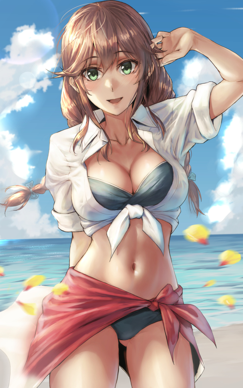 1girl :d beach bikini black_bikini blush braid breasts brown_hair cleavage cloud cloudy_sky collarbone collared_shirt cowboy_shot day eyebrows_visible_through_hair green_eyes hair_between_eyes highres kantai_collection kokuzou large_breasts long_hair navel noshiro_(kantai_collection) ocean open_mouth shirt single_braid sky smile solo swimsuit white_shirt