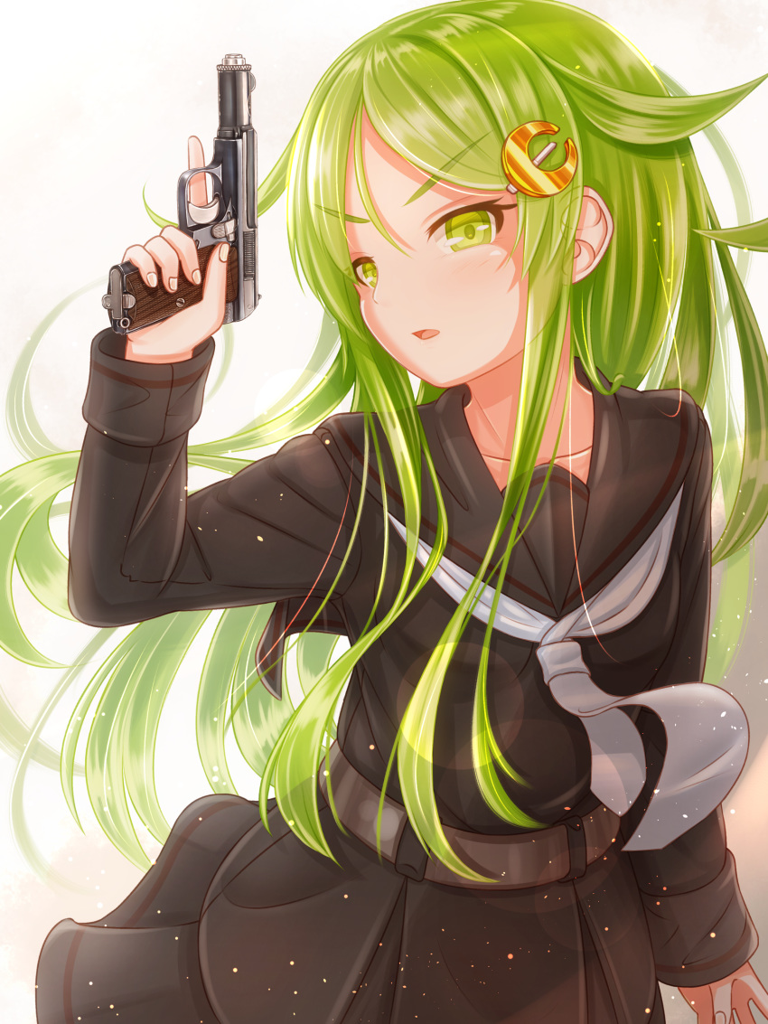 1girl absurdres astra_300 black_serafuku black_skirt collarbone crescent crescent_hair_ornament green_eyes green_hair gun hair_ornament handgun highres kantai_collection long_hair long_sleeves messy_hair nagatsuki_(kantai_collection) pistol sailor_collar school_uniform serafuku sidelocks simple_background skirt solo suzushiro_(gripen39) trigger_discipline weapon white_background