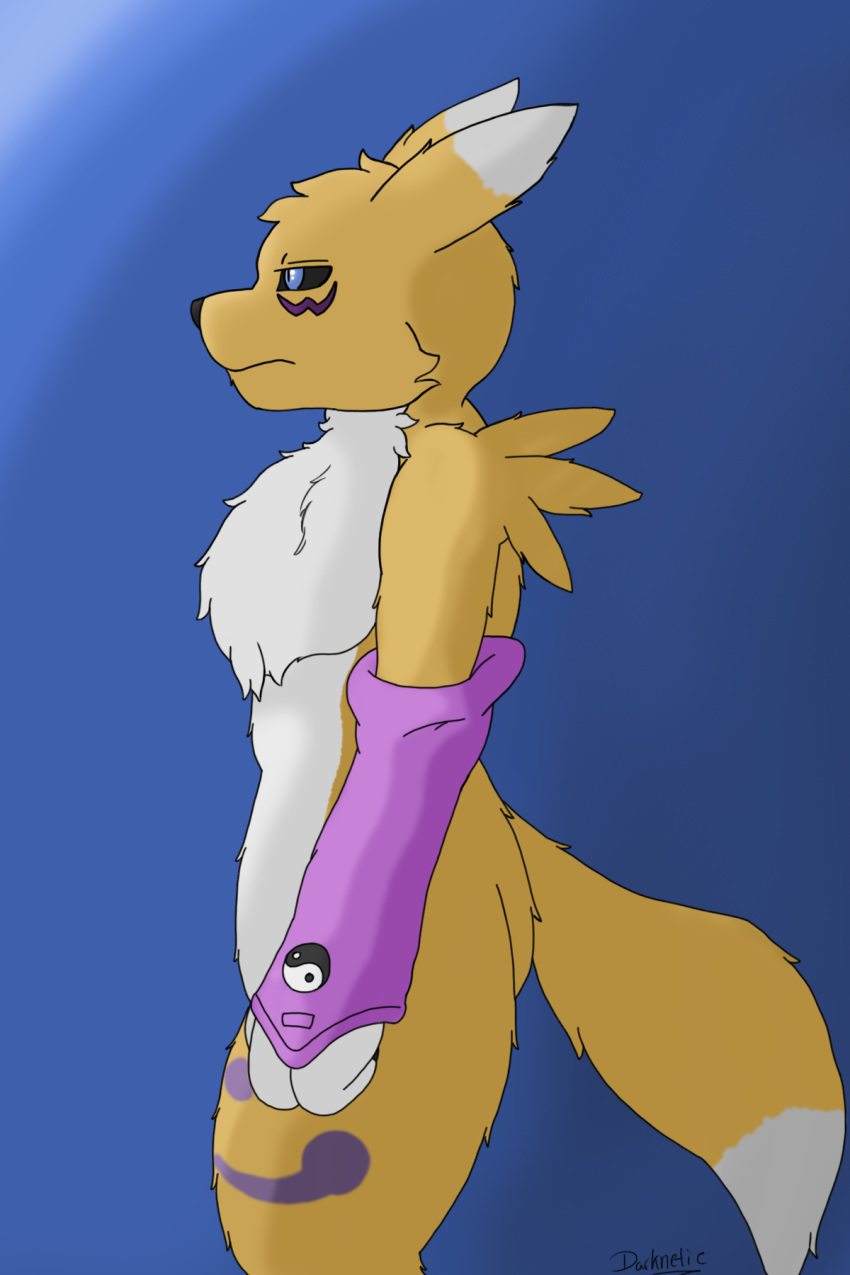 2:3 3_fingers anthro armwear black_nose black_sclera blue_eyes chest_tuft clothing darknetic digimon digimon_(species) digital_media_(artwork) fingers fluffy fur genderless_(disambiguation) head_markings hi_res mammal markings multicolored_ears multicolored_tail renamon simple_background soft_shading solo tuft white_body white_fur yellow_body yellow_fur