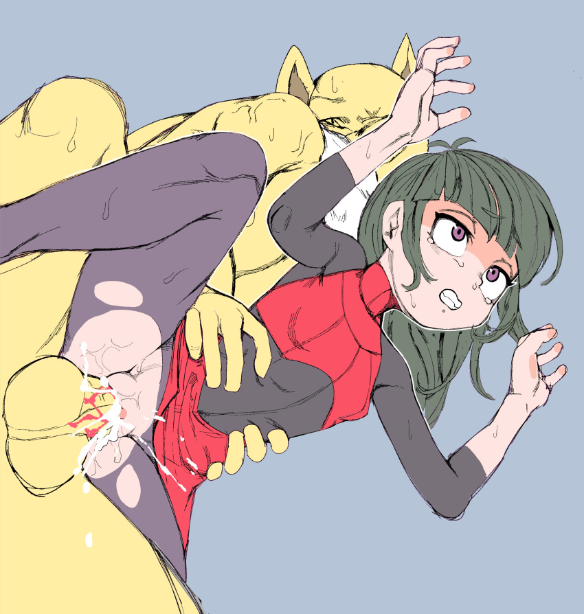 absurdres ahoge black_bodysuit bleeding blood blue_background bodysuit breasts clenched_teeth clothed_sex crying crying_with_eyes_open cum cum_in_pussy doggystyle dutch_angle ejaculation eyebrows_visible_through_hair from_below gen_1_pokemon green_hair highres hime_cut iizuna_(milky_walker) natsume_(pokemon) overflow perky_breasts pokemon pokemon_(game) pokemon_lgpe purple_eyes rolling_eyes sex shaded_face simple_background skirt skirt_set sleeper_(pokemon) spread_fingers spread_legs sweat tears teeth testicles torn_bodysuit torn_clothes torso_grab turtleneck vaginal