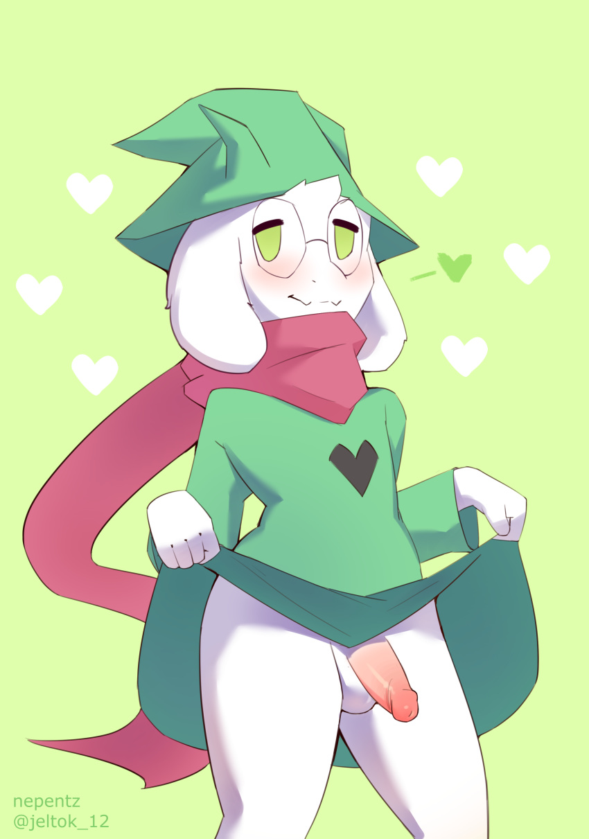 &lt;3 absurd_res anthro bottomwear bovid caprine cloak clothing clothing_lift deltarune genitals girly goat green_clothing hat headgear headwear hi_res humanoid_genitalia humanoid_penis jelch looking_at_viewer male mammal nepentz penis presenting ralsei scarf skirt skirt_lift solo video_games young