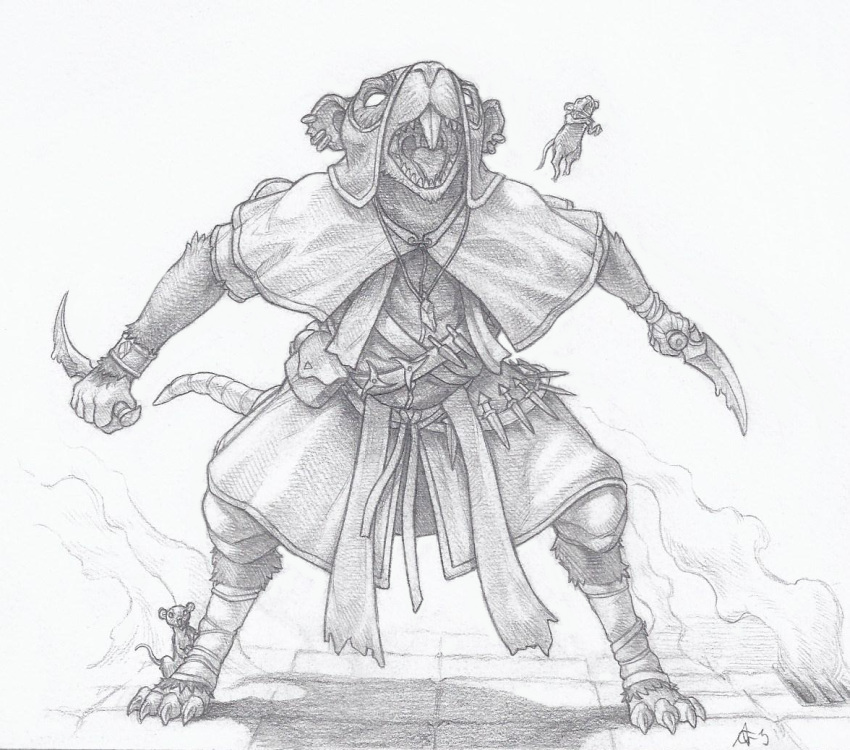 anthro belt_pouch bracelet buckteeth claws clothed clothing crestfallenartist dual_wielding ear_piercing ear_ring empty_eyes foot_wraps fully_clothed graphite_(artwork) greyscale holding_object holding_weapon hood jewelry knife looking_at_viewer male mammal melee_weapon monochrome murid murine necklace open_mouth pencil_(artwork) piercing ranged_weapon rat rodent shuriken simple_background skaven snout solo standing teeth toe_claws tongue traditional_media_(artwork) warhammer_(franchise) warhammer_fantasy weapon white_background wraps