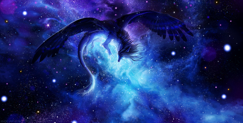 2020 ambiguous_gender cosmic_background digital_media_(artwork) dragon feathered_dragon feathered_wings feathers feral fur furred_dragon hi_res isvoc solo space wings