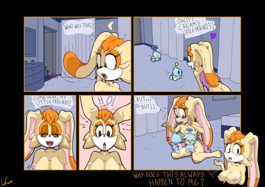 &lt;3 absurd_res bed bedroom big_breasts breastfeeding breasts chao_(sonic) colored comic curtains ears_back english_text female furniture genitals group hi_res lagomorph lecerf mammal mature_female pivoted_ears pussy sonic_the_hedgehog_(series) text vanilla_the_rabbit